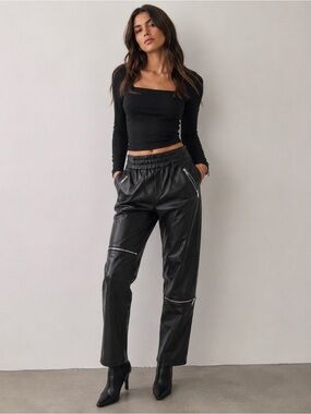 Zara Faux Leather Biker Trousers Zipper Black Pants Elastic Waist